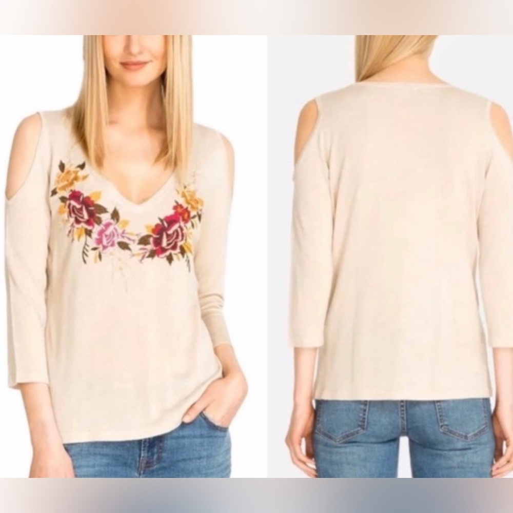Johnny Was Embroidered Tan Knit Cold Shoulder Knit Sweater Lightweight size XS